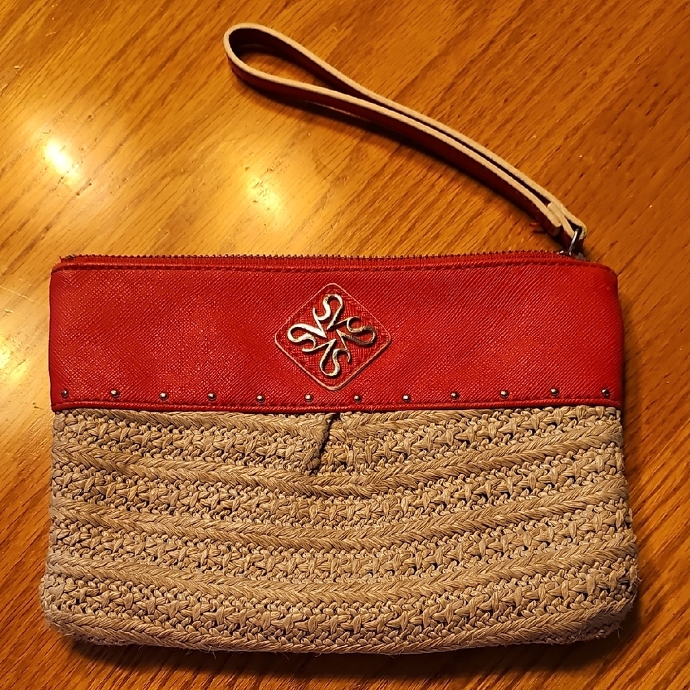 Red and Tan Two-Tone Clutch with Wrist Strap - Picture 1 of 6